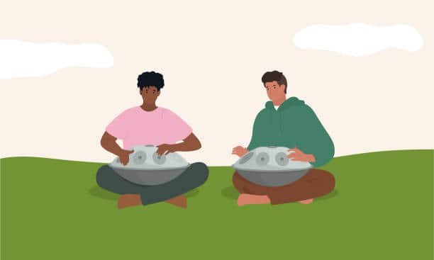 handpan artist. musician playing pand pan music. vector illustration